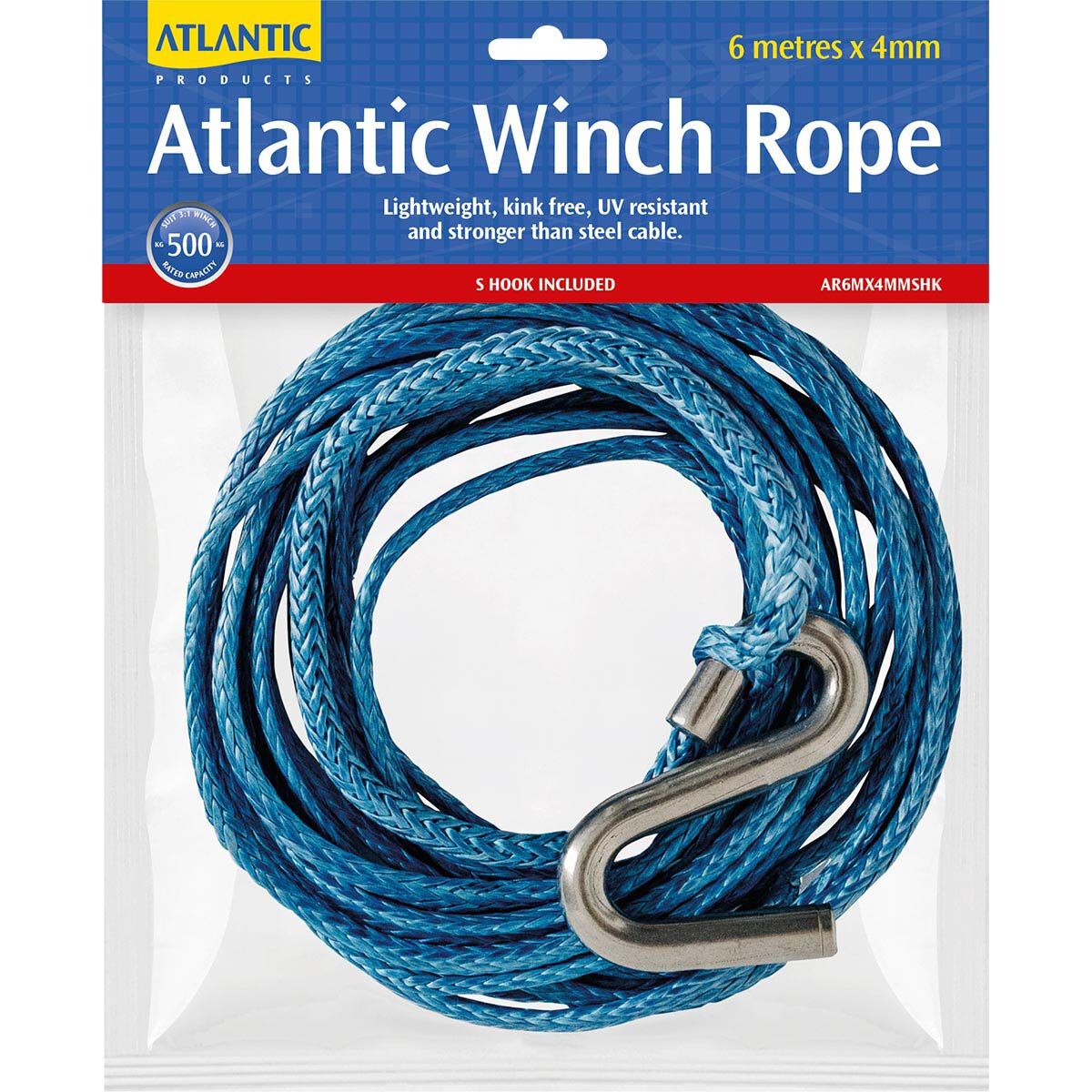 Atlantic Winch Rope 6mx4mm S Hook 500kg, , bcf_hi-res