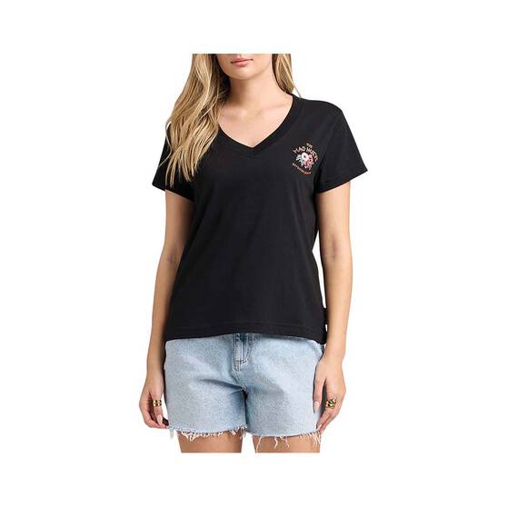 The Mad Hueys Women’s Tiki Anchor V-Neck Tee, Black, bcf_hi-res