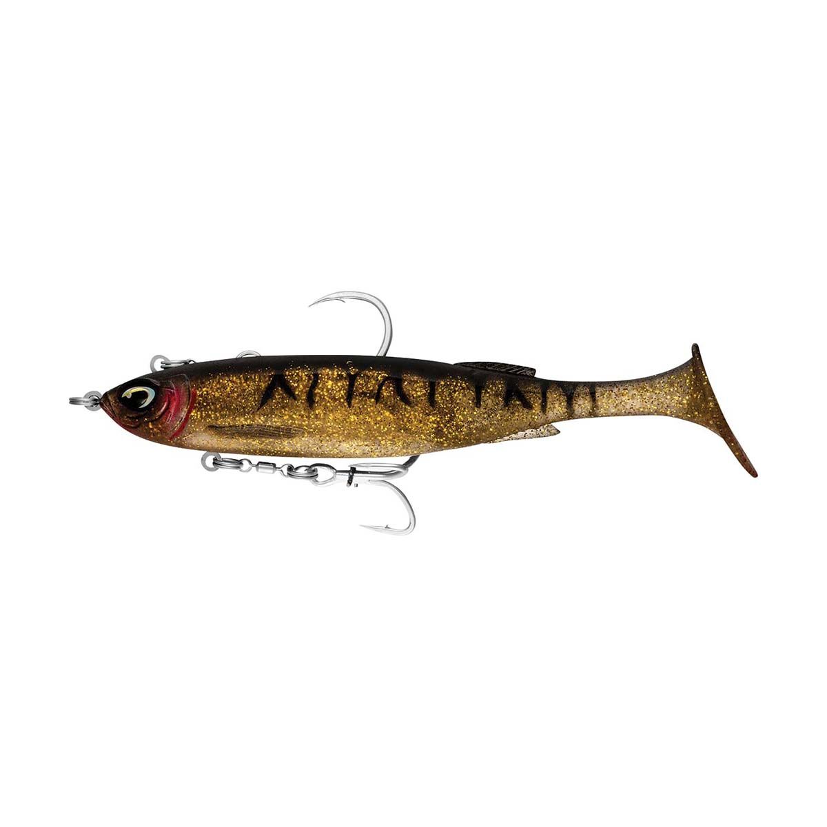 Nomad Live Ops Maniax Paddle Tail Pre-Rigged Soft Plastic Lure 8in Black and Gold, Black and Gold, bcf_hi-res