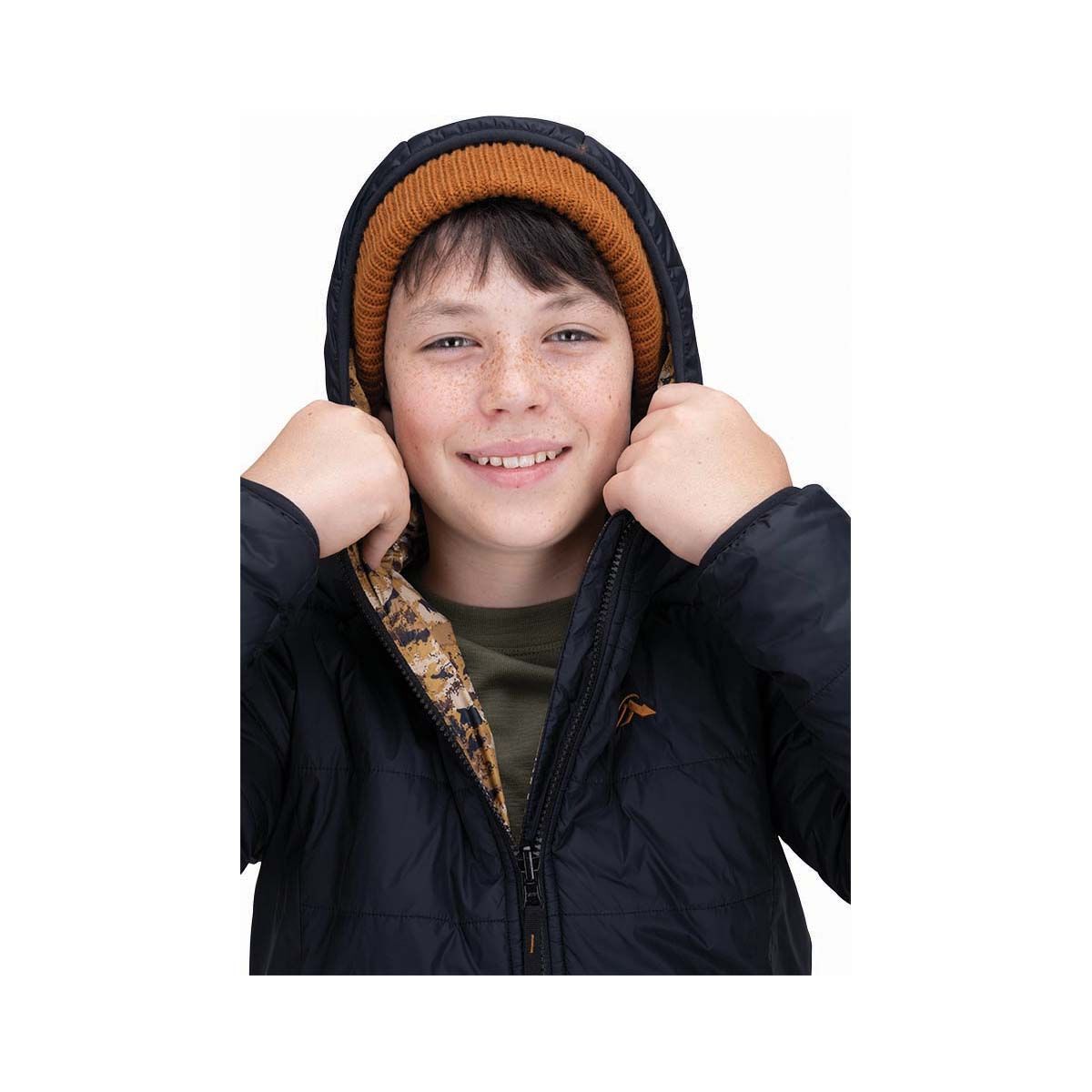 Macpac Kids&rsquo; Pulsar Alpha Hooded Insulated Jacket V3 Black / Glazed Ginger Print 6, Black / Glazed Ginger Print, bcf_hi-res