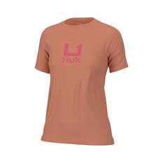 Huk Women's Crew Logo Short Sleeve Tee Coral Reef XS, Coral Reef, bcf_hi-res