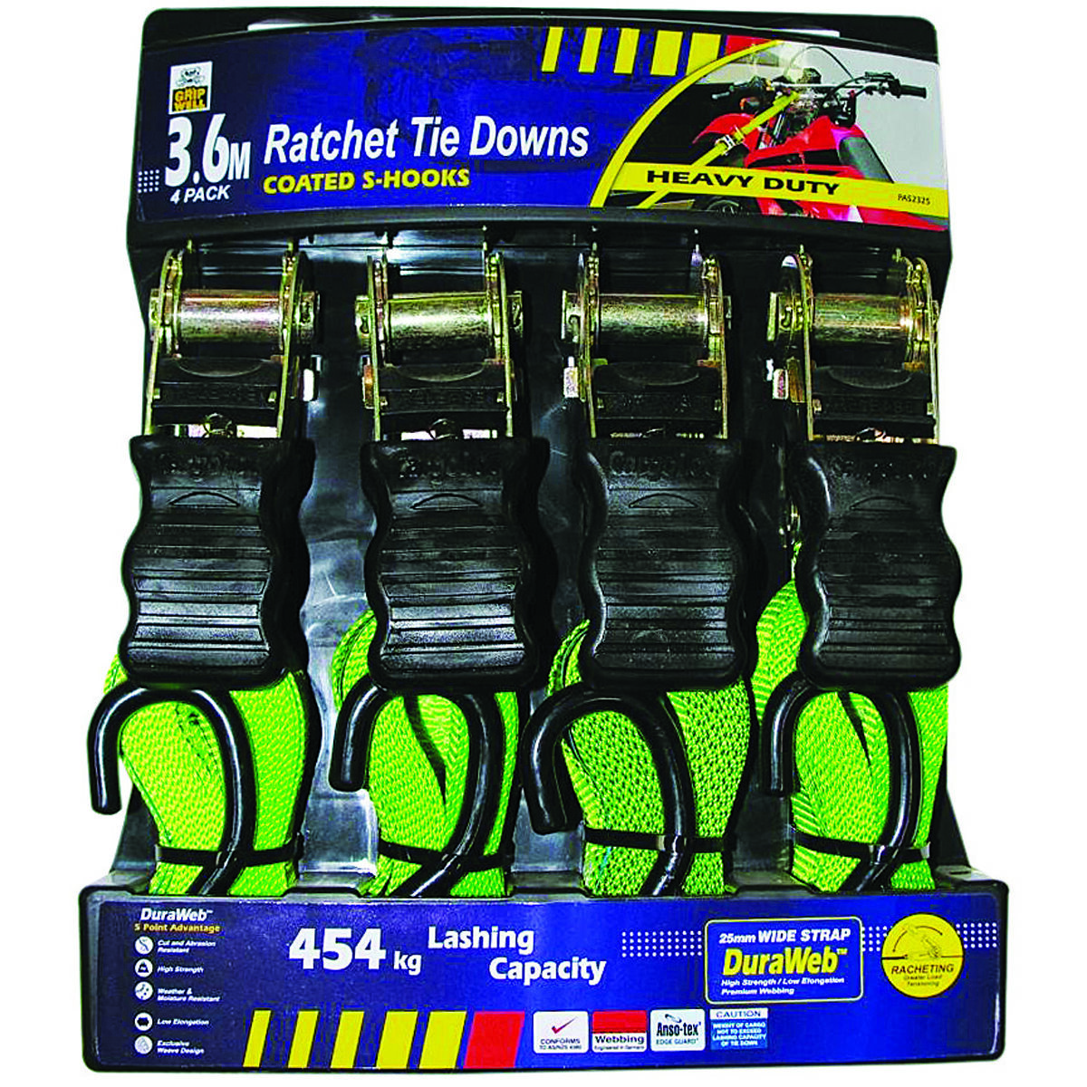 Gripwell Ratchet Tie Down - 3.6m, 454kg, 4 Pack, , bcf_hi-res