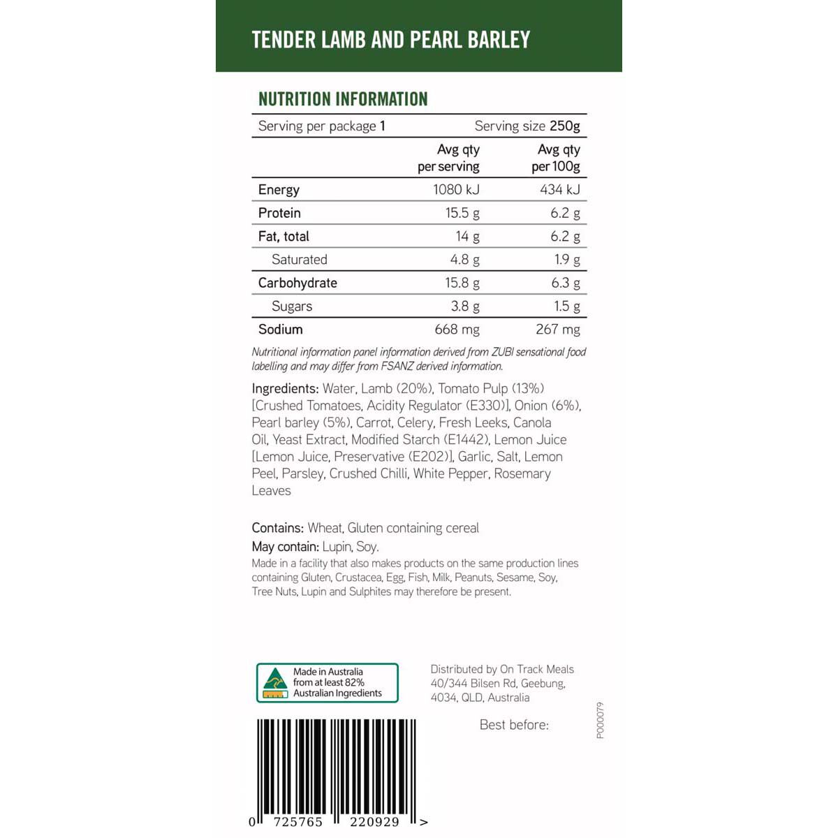 On Track Meals Tender Lamb & Pearl Barley 250g, , bcf_hi-res