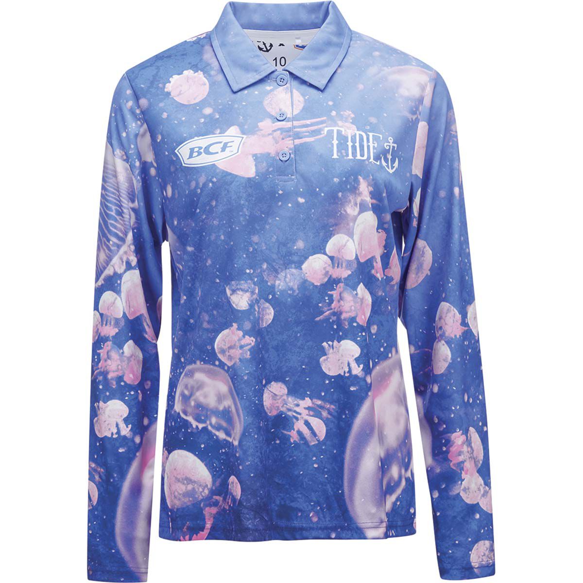 BCF x Tide Women&rsquo;s Jellyfish Print Collared Fishing Shirt Purple 18, Purple, bcf_hi-res