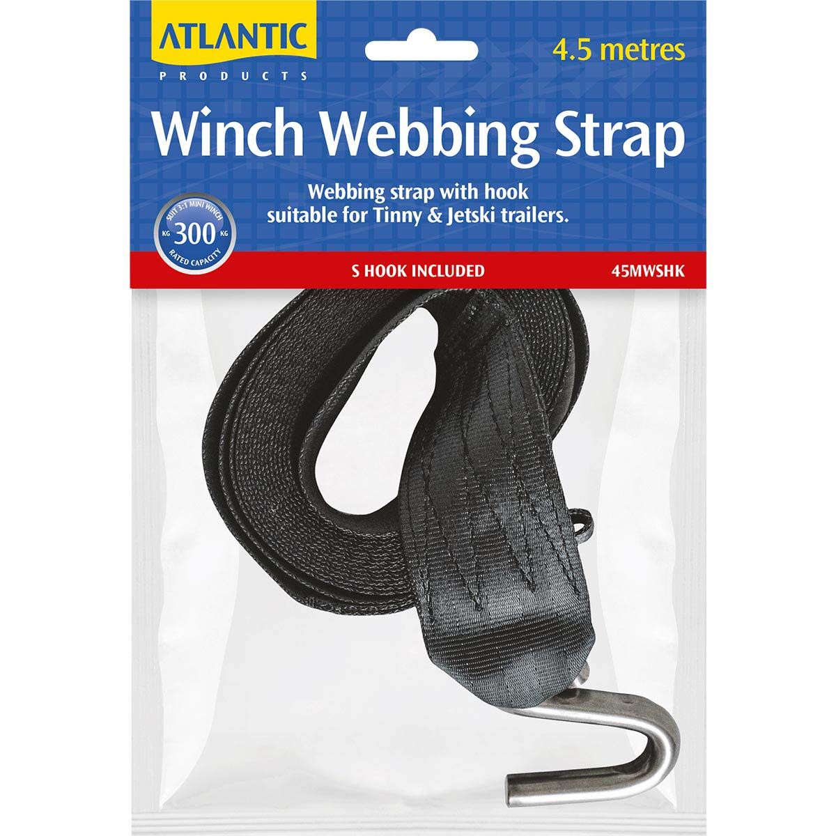 Atlantic Winch Webbing Strap S Hook 4.5m 300kg, , bcf_hi-res