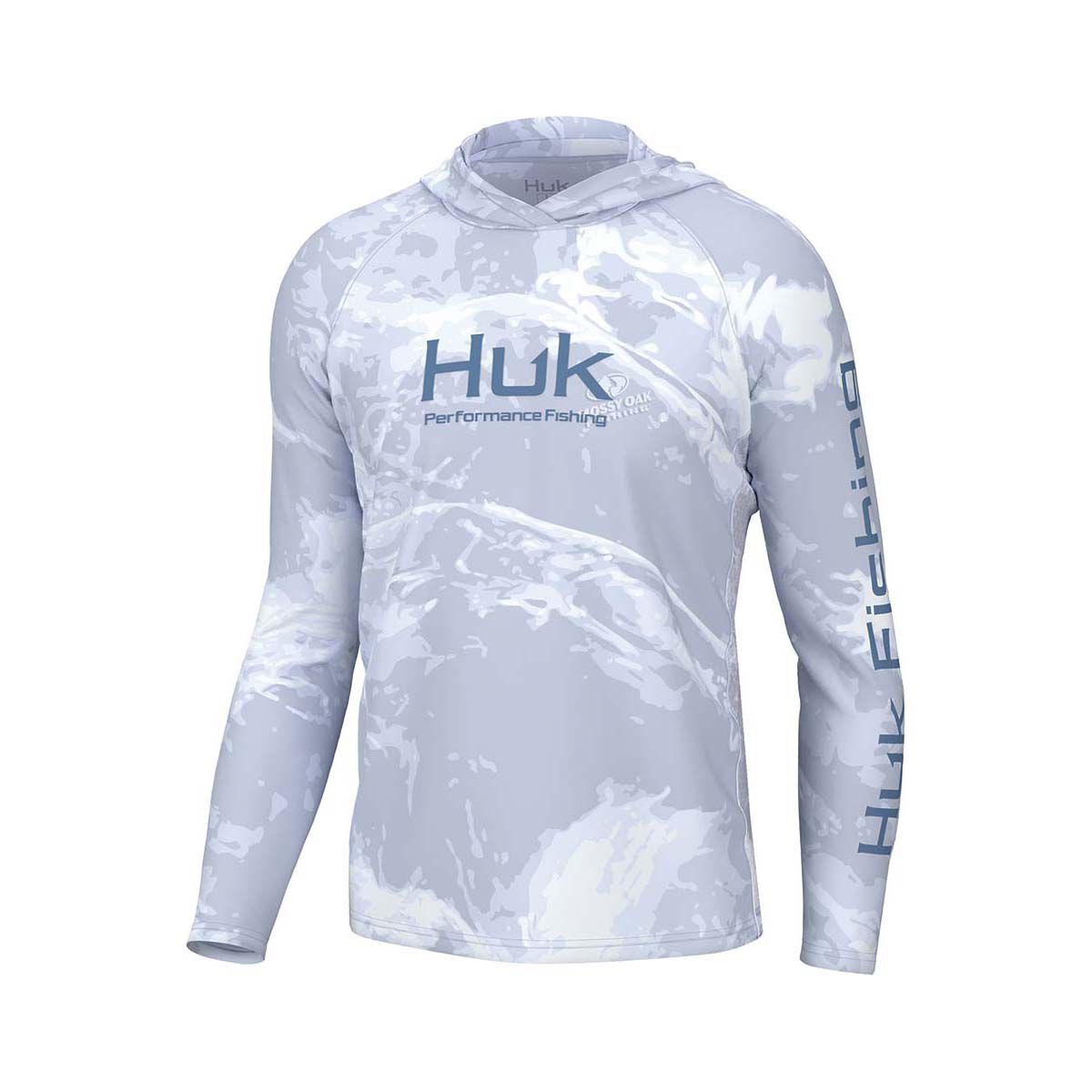Huk Men&rsquo;s Mossy Oak Pursuit Performance Hooded Fishing Shirt Stormwater Bone M, Stormwater Bone, bcf_hi-res