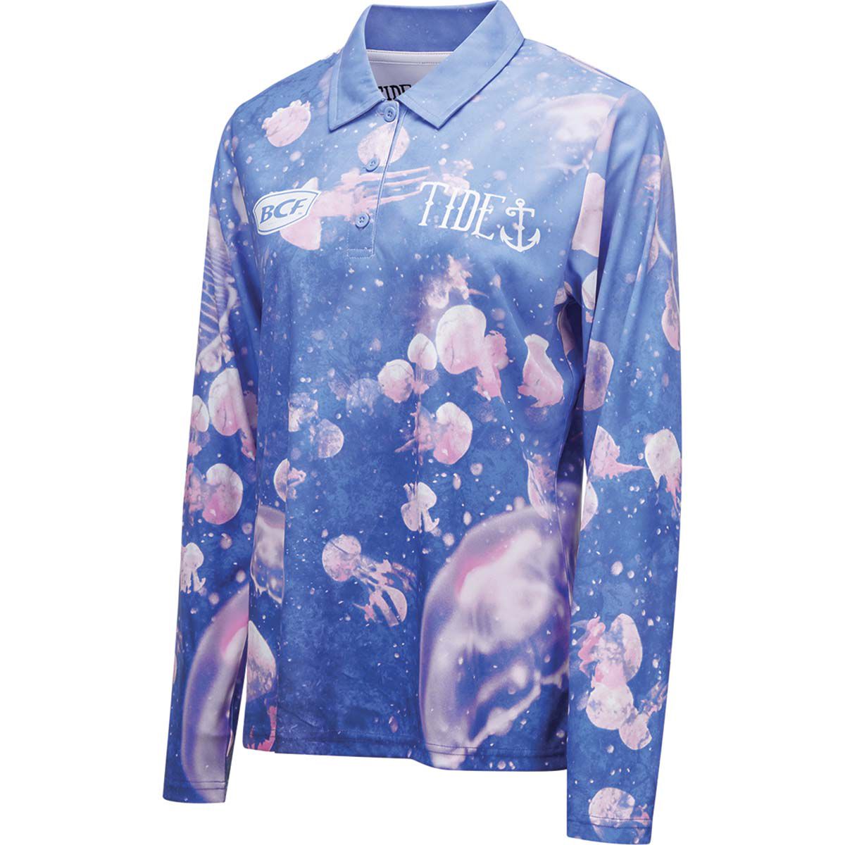 BCF x Tide Women&rsquo;s Jellyfish Print Collared Fishing Shirt Purple 18, Purple, bcf_hi-res