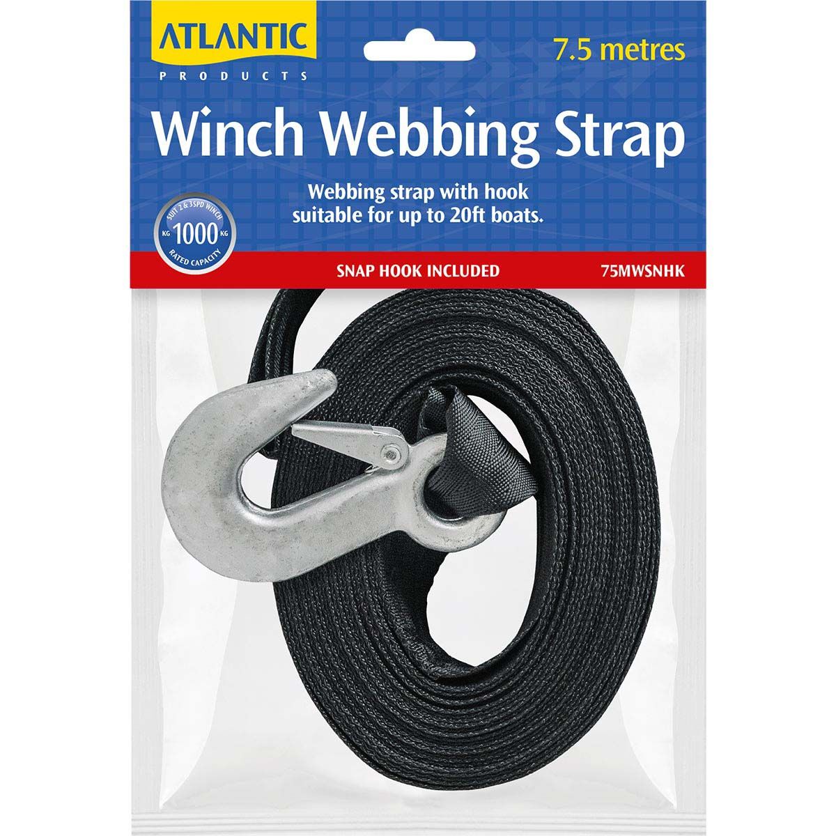 Atlantic Winch Webbing Strap 7.5m Snap Hook 1000kg, , bcf_hi-res