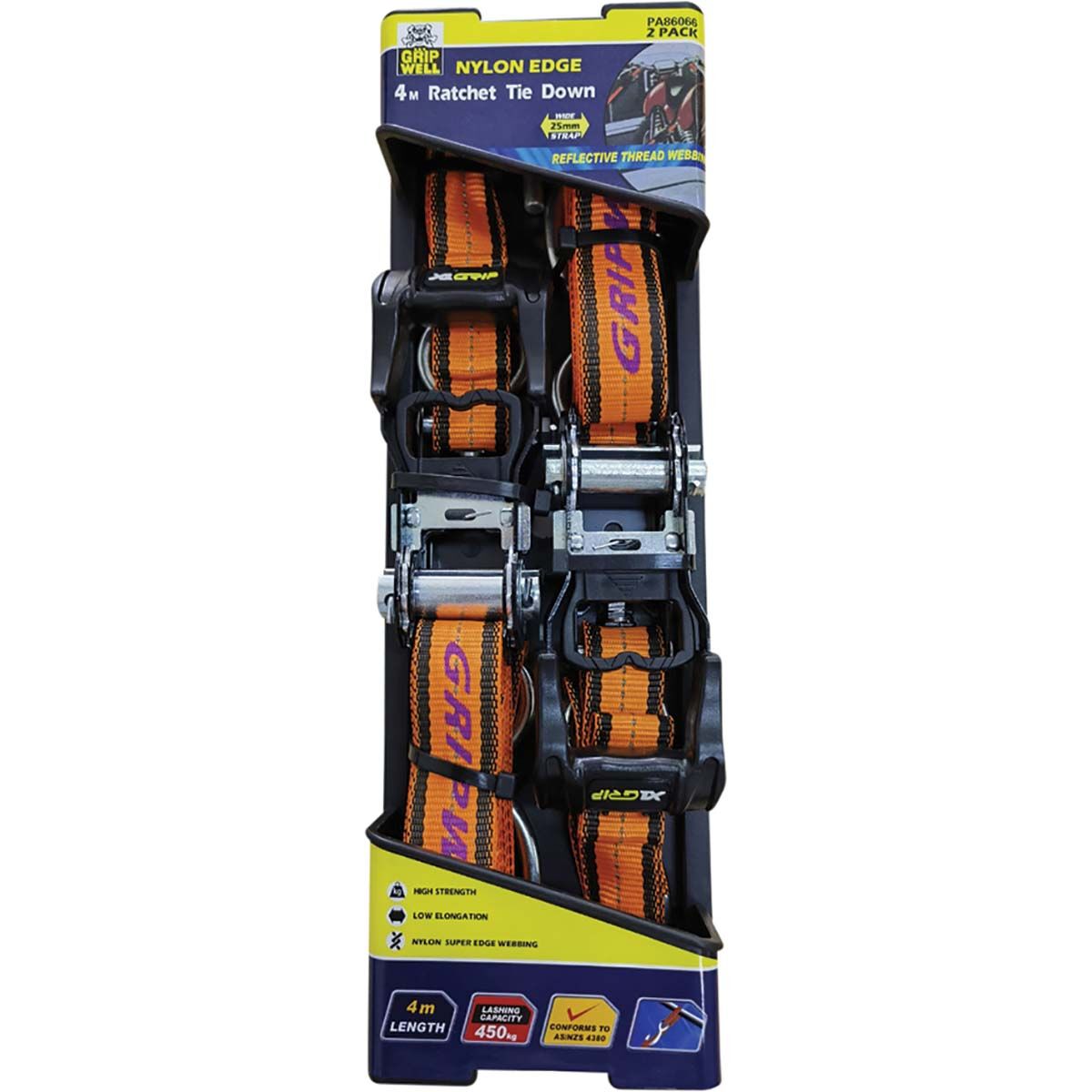 Gripwell Nylon Edge Ratchet Tie down 4mx25mm 2 Pack, , bcf_hi-res