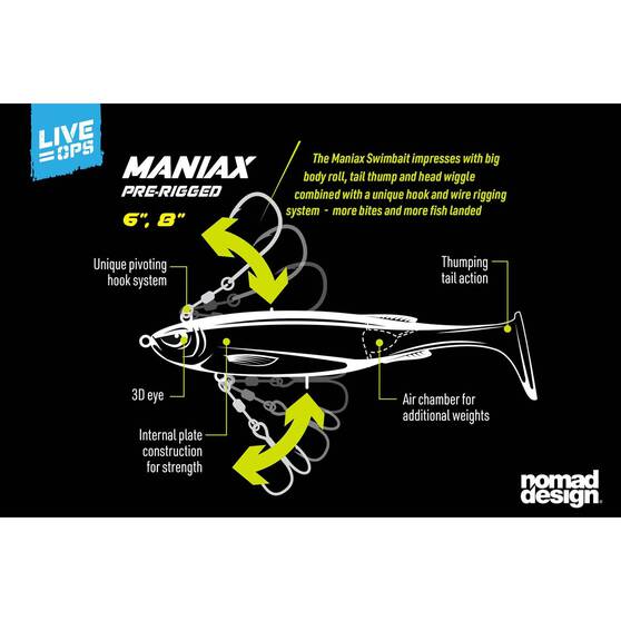 Nomad Live Ops Maniax Paddle Tail Pre-Rigged Soft Plastic Lure 6in Pearl White, Pearl White, bcf_hi-res