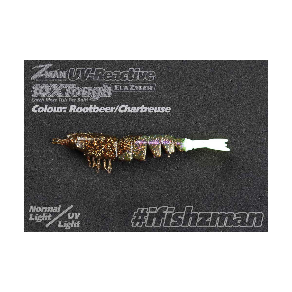 ZMan Lure EZ ShrimpZ Soft Plastic Lure 3.5in 4 Pack Rootbeer Chartreuse Tail, Rootbeer Chartreuse Tail, bcf_hi-res