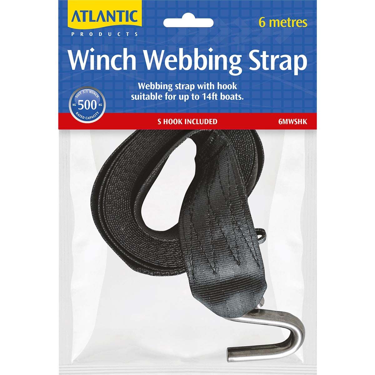 Atlantic Winch Webbing Strap 6m S Hook 500kg, , bcf_hi-res