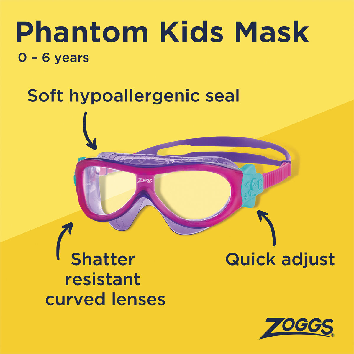 Zoggs Phantom Swimming Goggles Mask 0 - 6 Years Pink, Pink, bcf_hi-res
