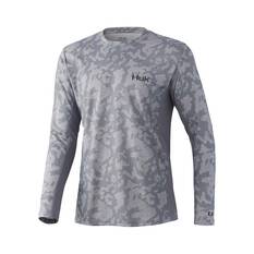 Huk Men's Running Lakes Icon X Long Sleeve Sublimated Polo, Overcast Grey, bcf_hi-res