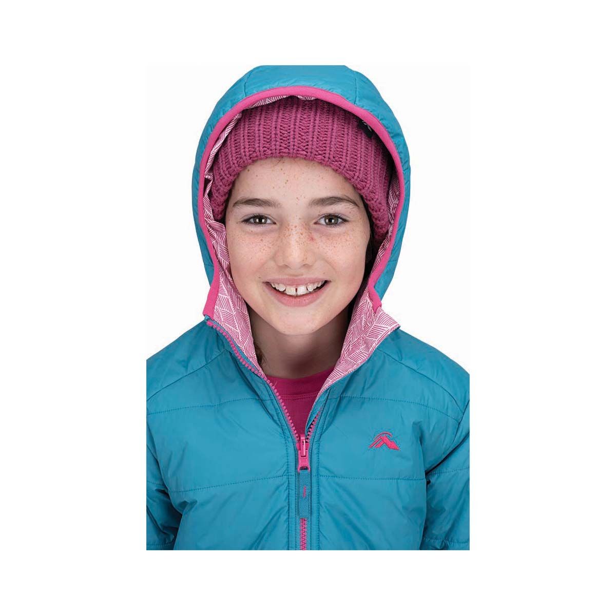 Macpac Kids&rsquo; Pulsar Alpha Hooded Insulated Jacket V3, Blue / Pink, bcf_hi-res