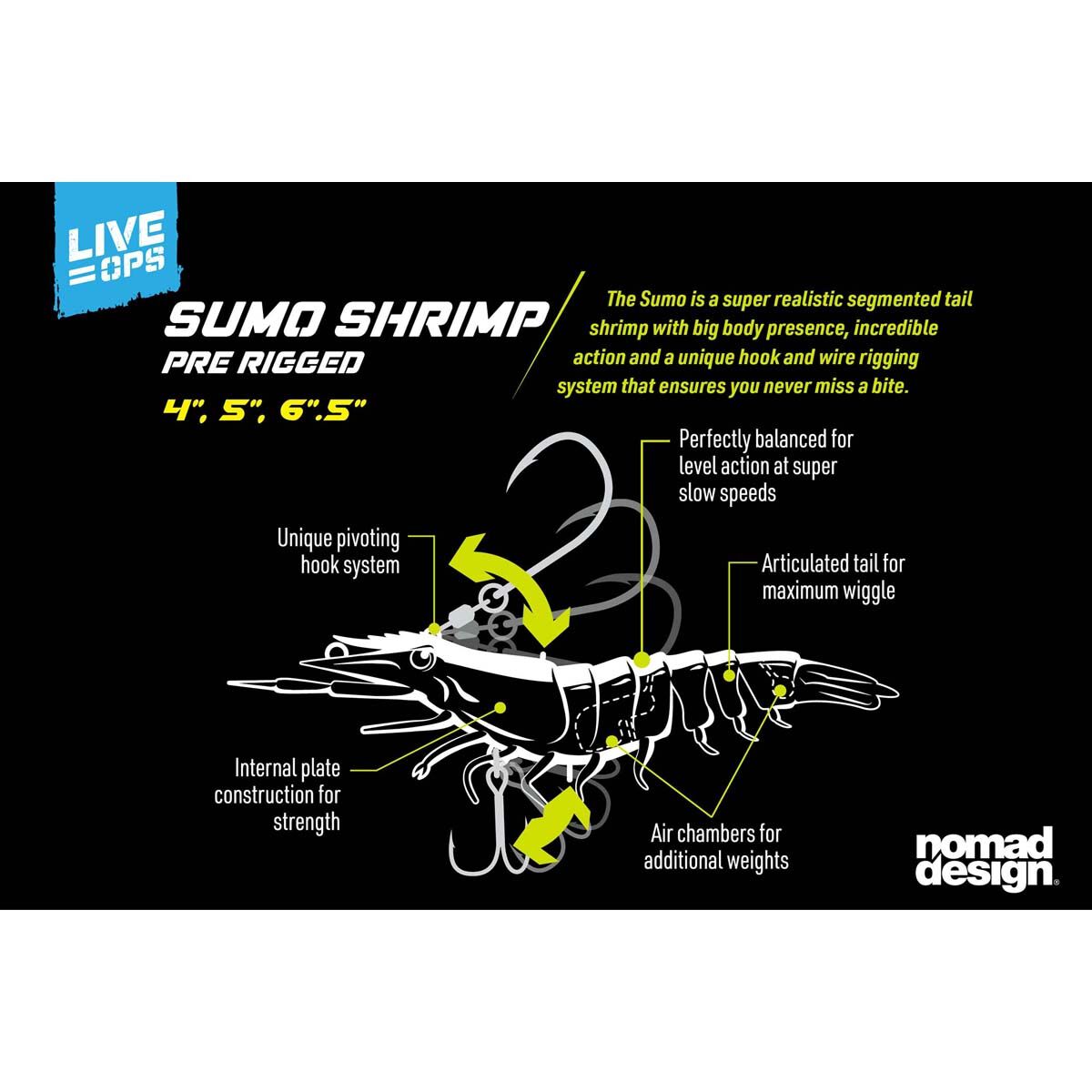 Nomad Live Ops Sumo Shrimp Pre-Rigged Soft Plastic Lure 4in Hyper Tiger, Hyper Tiger, bcf_hi-res