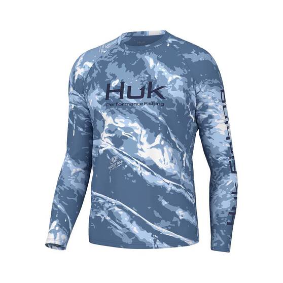 Huk Men's Mossy Oak Pursuit Performance Crew Fishing Shirt, Stormwater Spin, bcf_hi-res