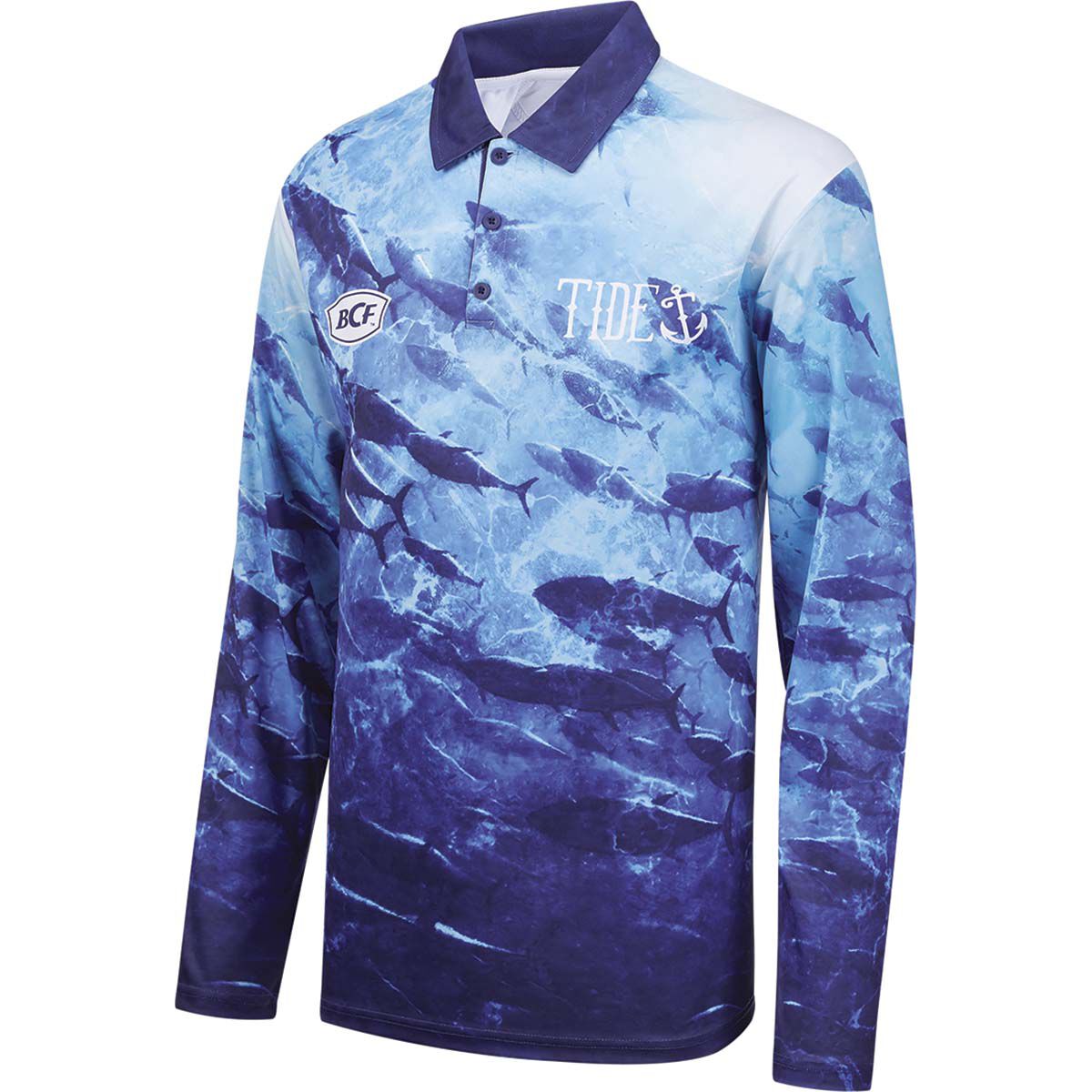 BCF x Tide Men&rsquo;s Tuna Print Collar Fishing Shirt, Blue, bcf_hi-res