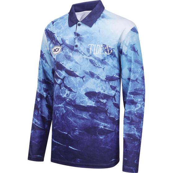 BCF x Tide Men’s Tuna Print Collar Fishing Shirt, Blue, bcf_hi-res