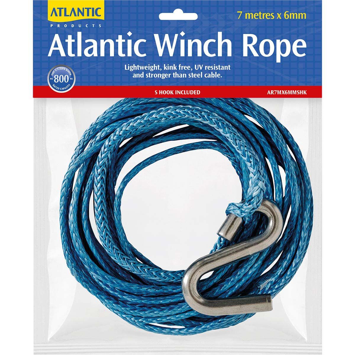 Atlantic Winch Rope 7mx6mm S Hook 800kg, , bcf_hi-res
