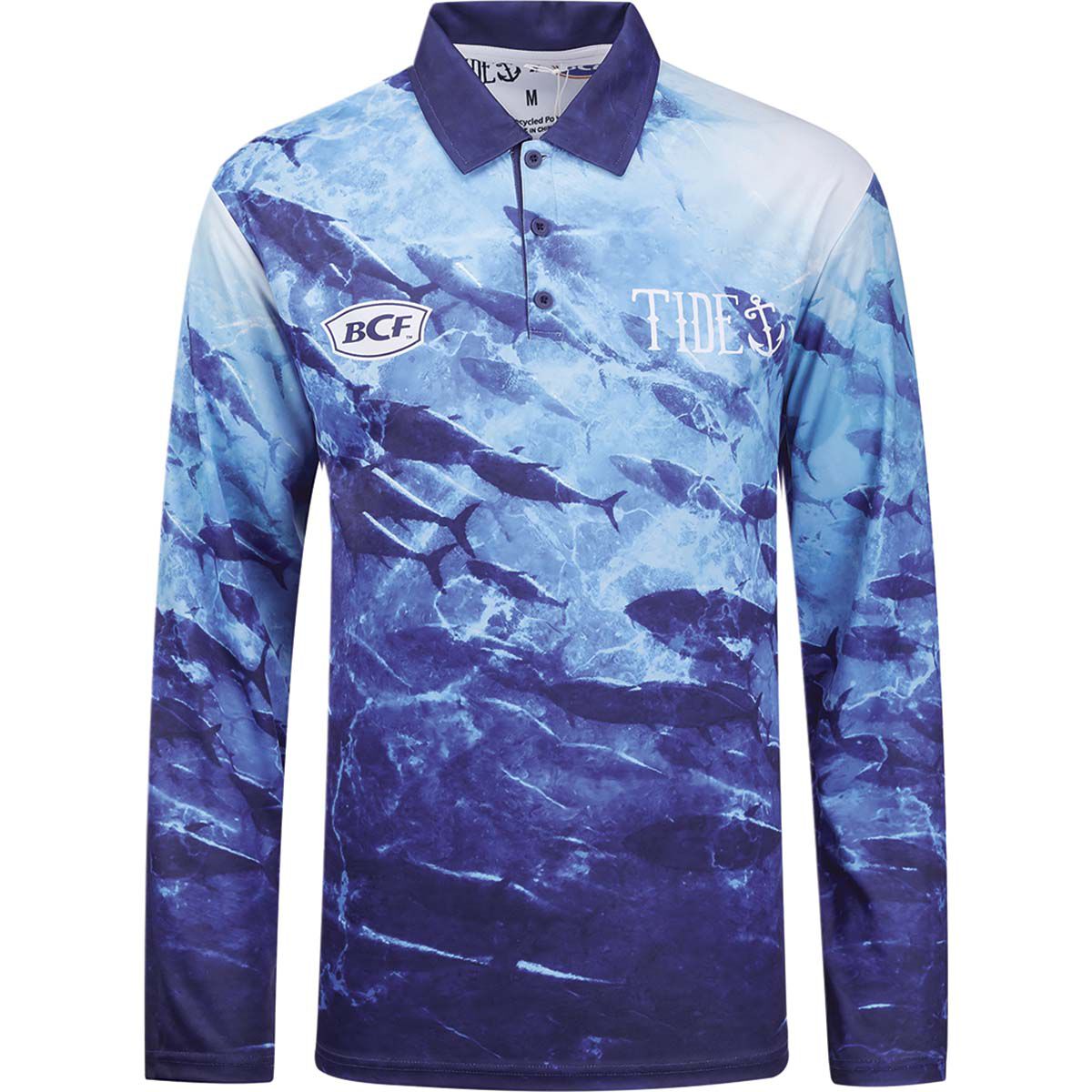 BCF x Tide Men&rsquo;s Tuna Print Collar Fishing Shirt Blue S, Blue, bcf_hi-res