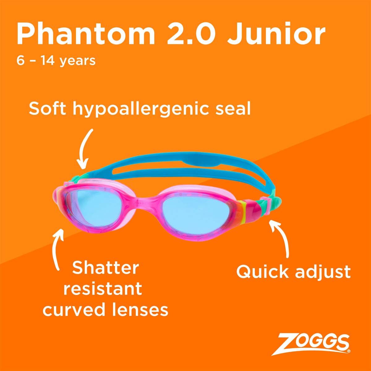 Zoggs Phantom 2.0 Junior Swim Goggles Pink/Blue OSFA, Pink/Blue, bcf_hi-res