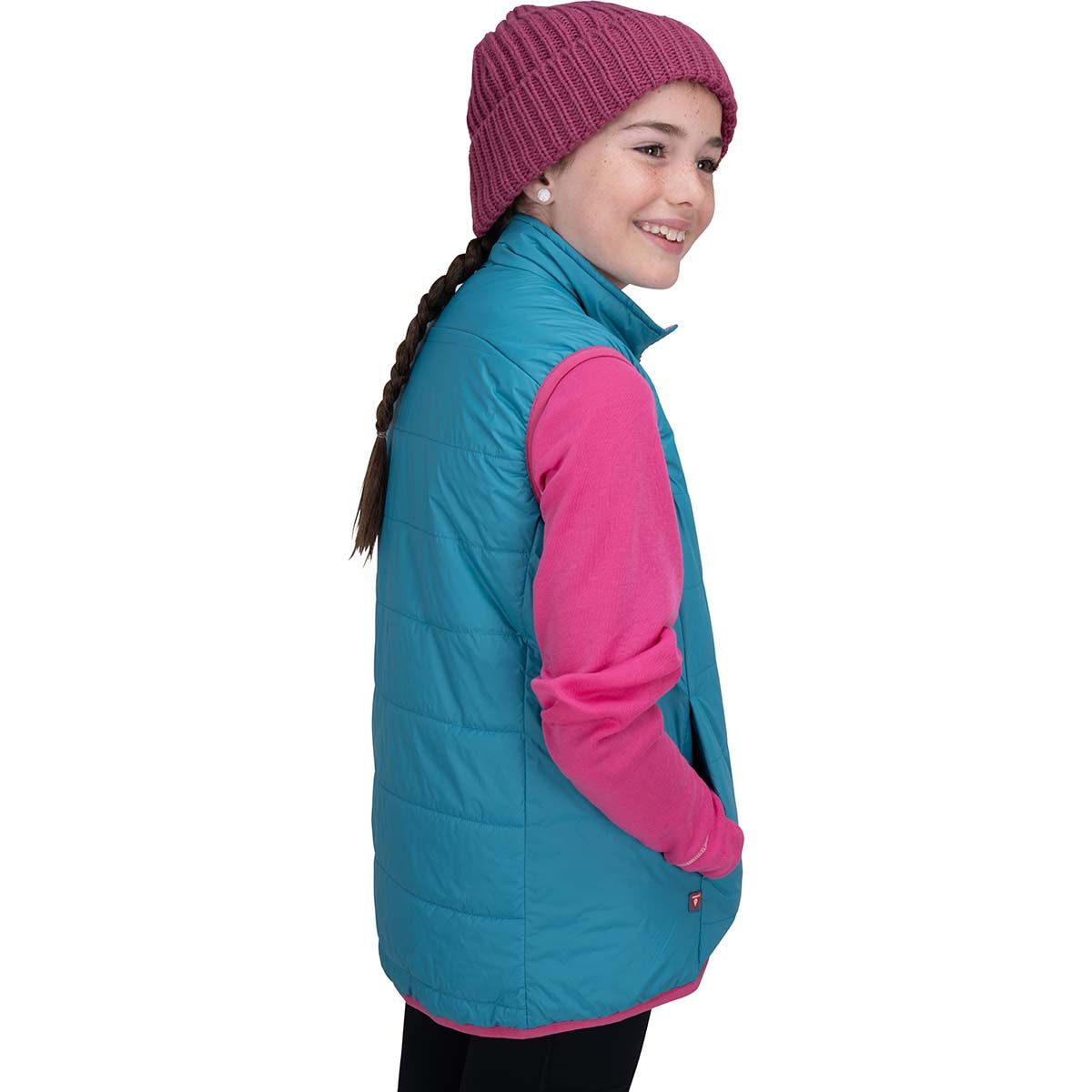 Macpac Kids' Pulsar Alpha Insulated Vest Biscay Blue / Lilac Rose Print 3, Biscay Blue / Lilac Rose Print, bcf_hi-res