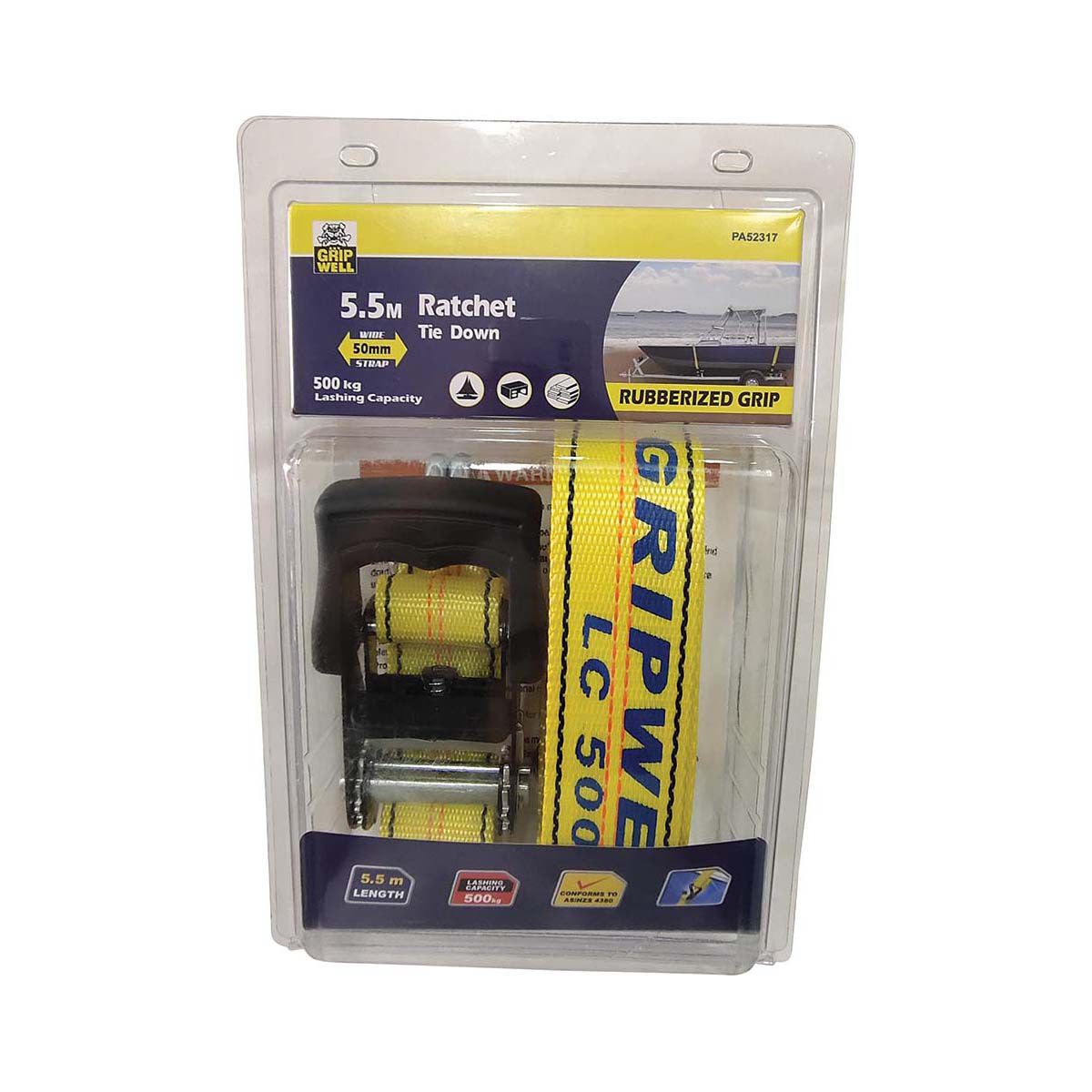 Gripwell Over Boat Ratchet Tie Down 500kg 50mm X 5.5m, , bcf_hi-res