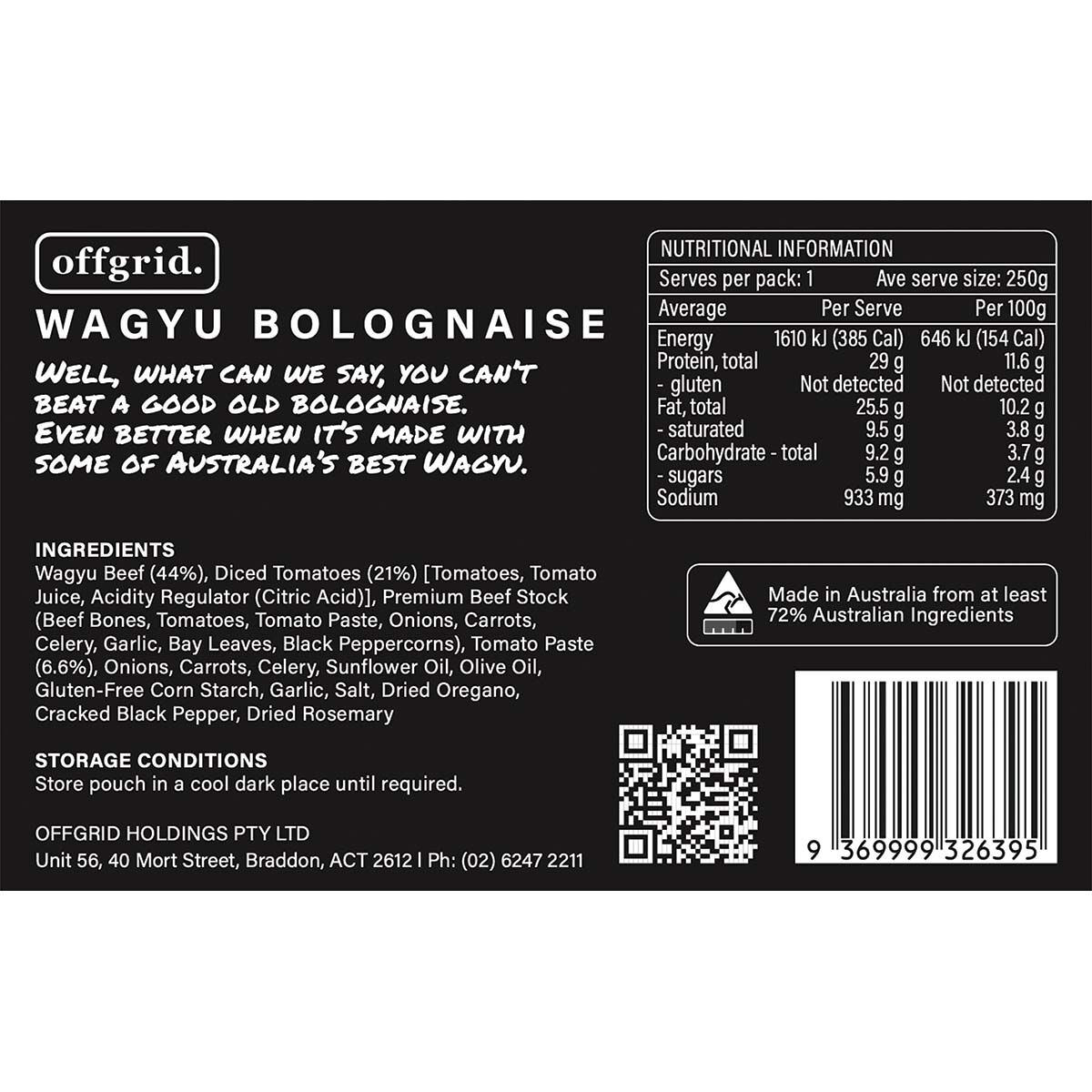 Offgrid Wagyu Bolognese Heat and Eat Meal 250g, , bcf_hi-res