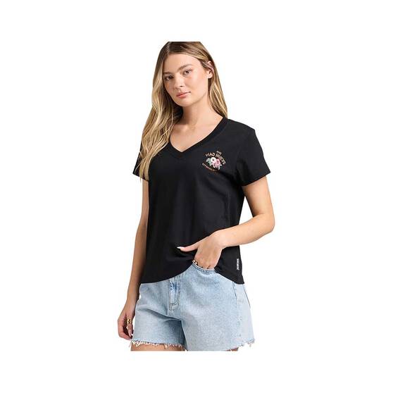 The Mad Hueys Women’s Tiki Anchor V-Neck Tee, Black, bcf_hi-res
