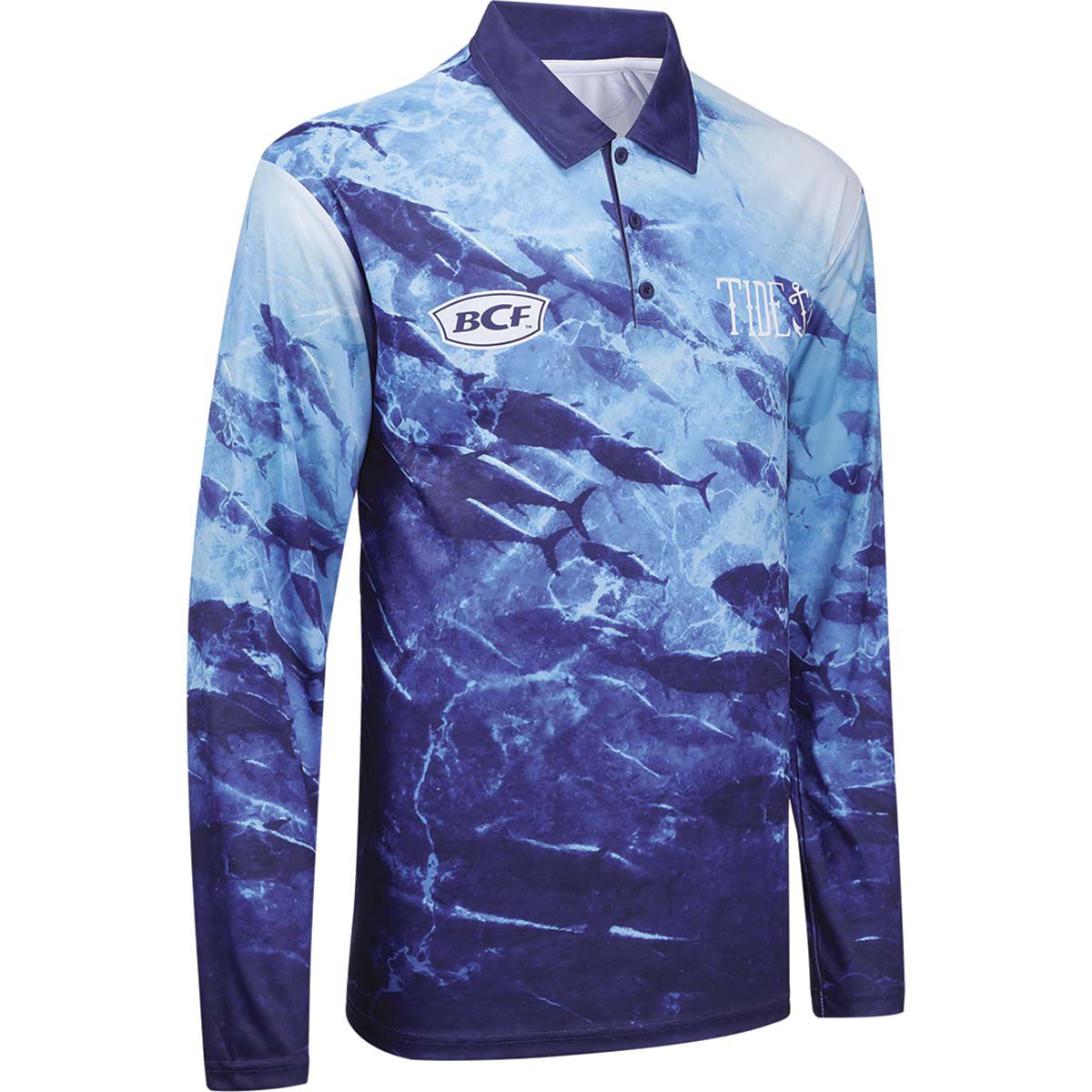BCF x Tide Men&rsquo;s Tuna Print Collar Fishing Shirt, Blue, bcf_hi-res