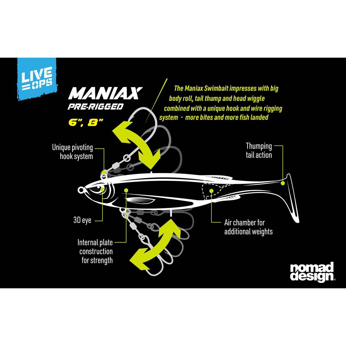 Nomad Live Ops Maniax Paddle Tail Pre-Rigged Soft Plastic Lure 6in Pearl Shimmer, Pearl Shimmer, bcf_hi-res