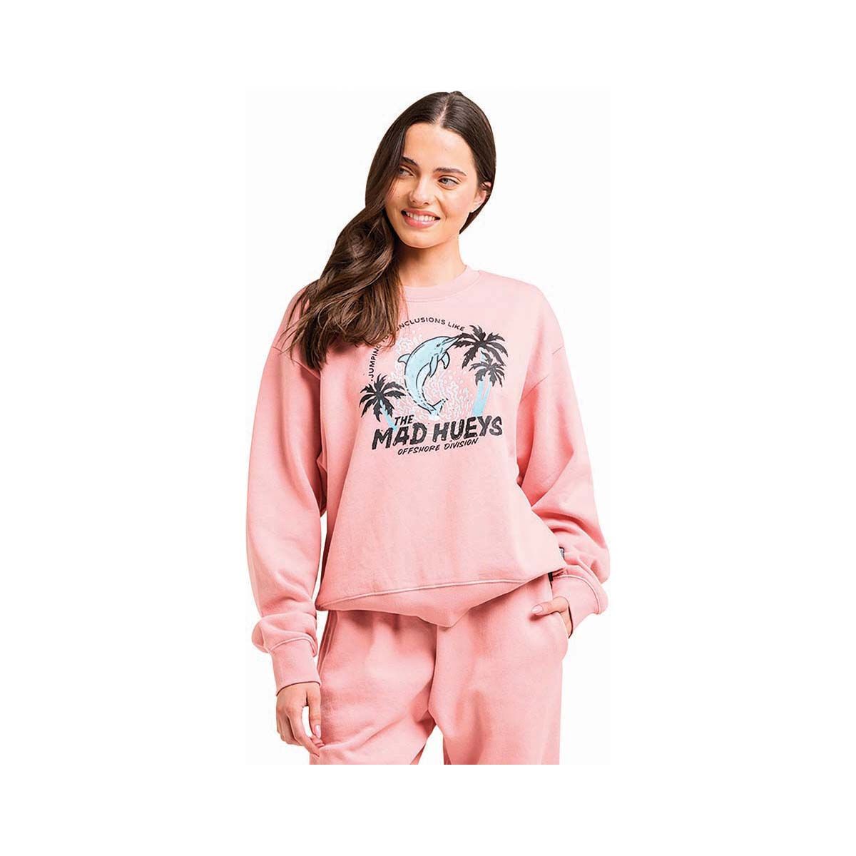 The Mad Hueys Women&rsquo;s Jumping To Conclusions Fleece Crew, Dusty Pink, bcf_hi-res