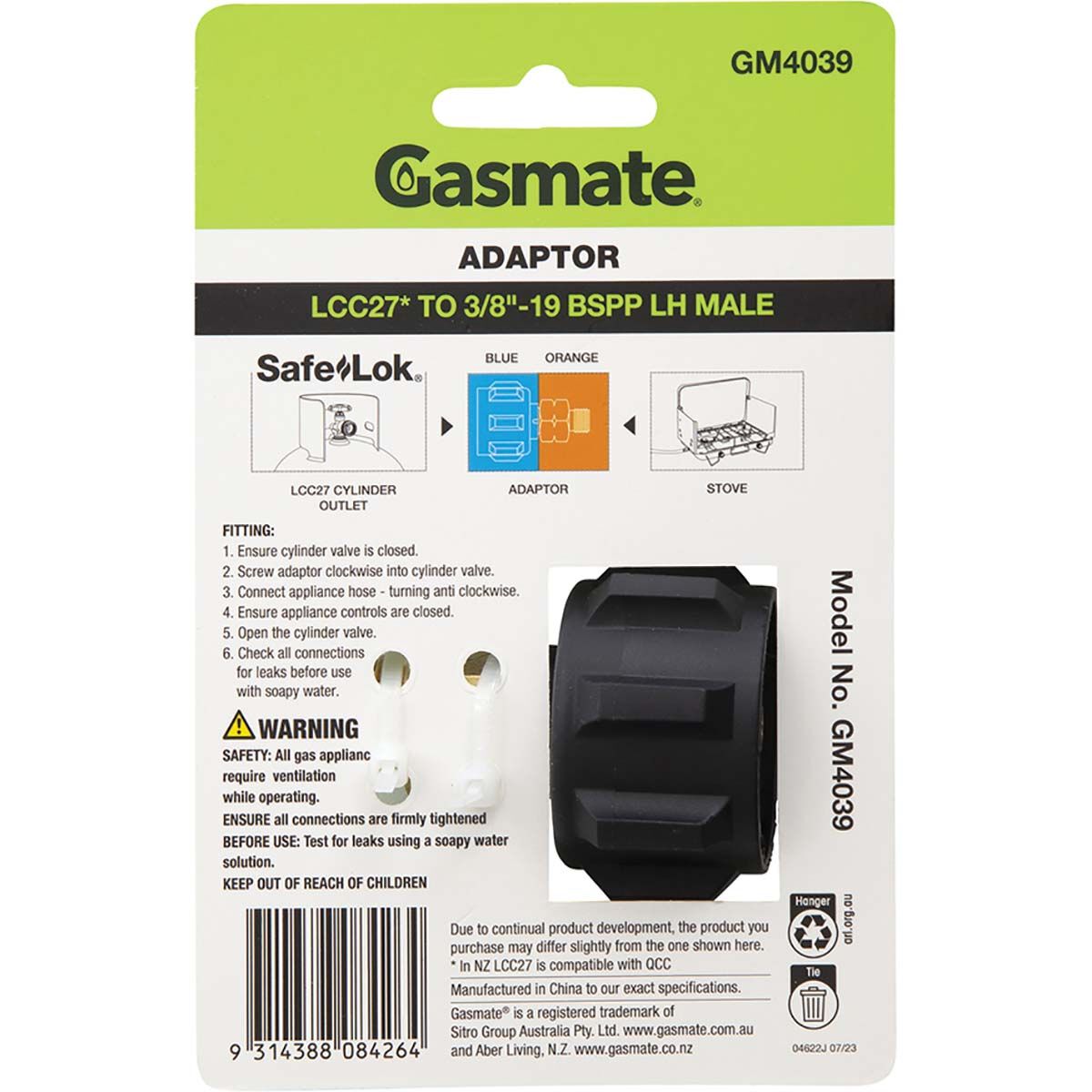 Gasmate LCC27 to 3/8" BSPP LH Female Inlet Adaptor, , bcf_hi-res