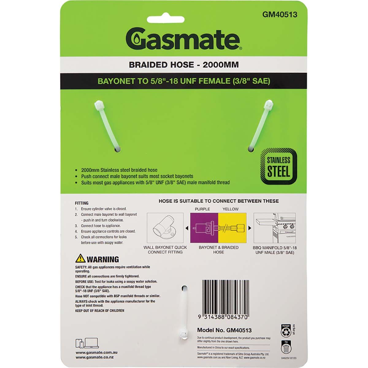 Gasmate Braided Hose with Bayonet to 5/8&rdquo; UNF (3/8&rdquo; SAE), , bcf_hi-res