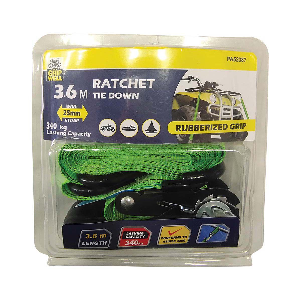 Gripwell Ratchet Tie Down Heavy Duty XL 340kg 25mm X 3.6m, , bcf_hi-res