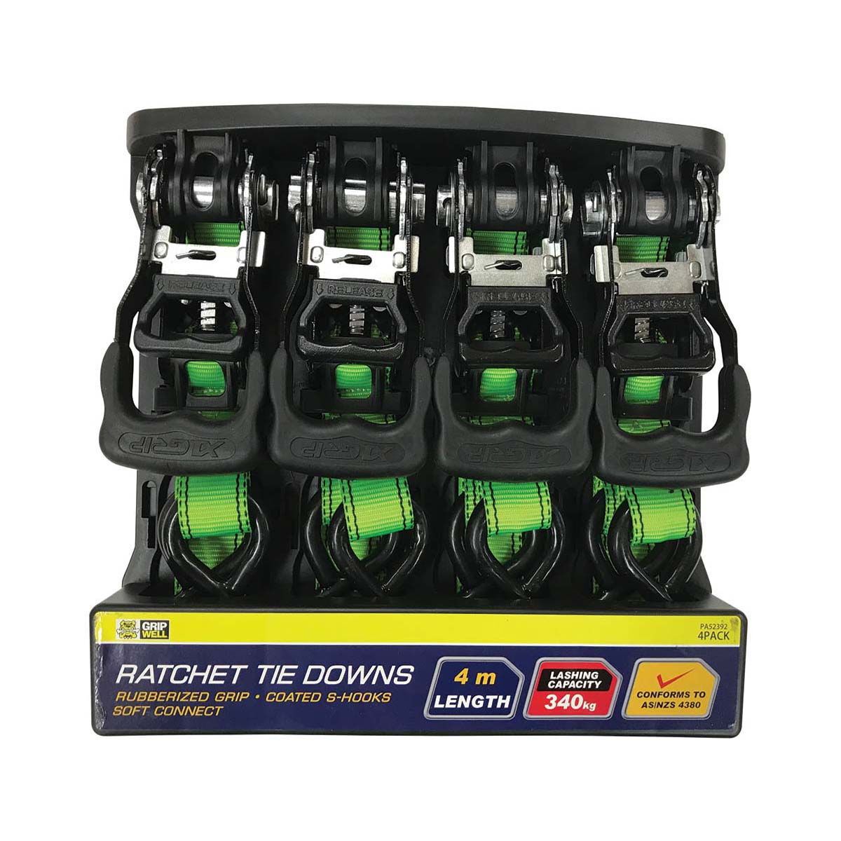 Gripwell Ratchet Tie Down 4m 340kg 4 pack, , bcf_hi-res