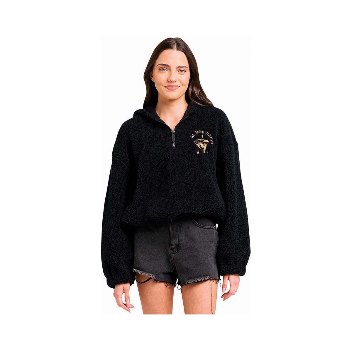 The Mad Hueys Women&rsquo;s Close to the Chest Fleece Quarter Zip Hoodie Black XS, Black, bcf_hi-res