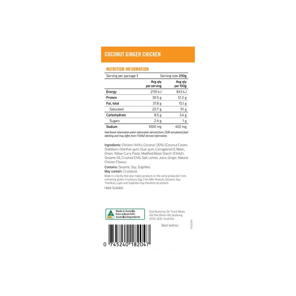 On Track Meals Coconut Ginger Chicken 250g, , bcf_hi-res