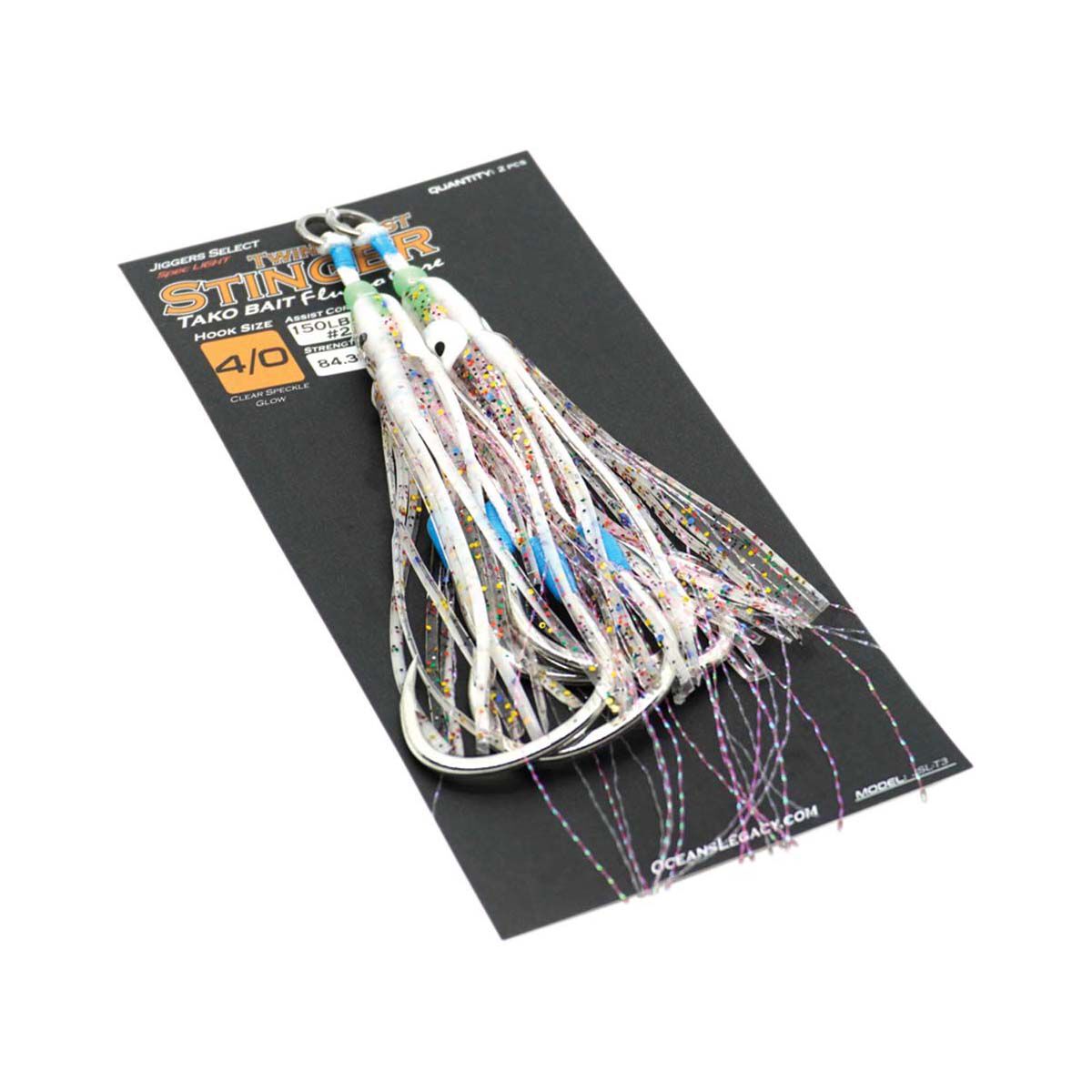 Ocean's Legacy Tako Bait Stinger Twin Assist Hook Clear Speckle Glow 1/0, Clear Speckle Glow, bcf_hi-res