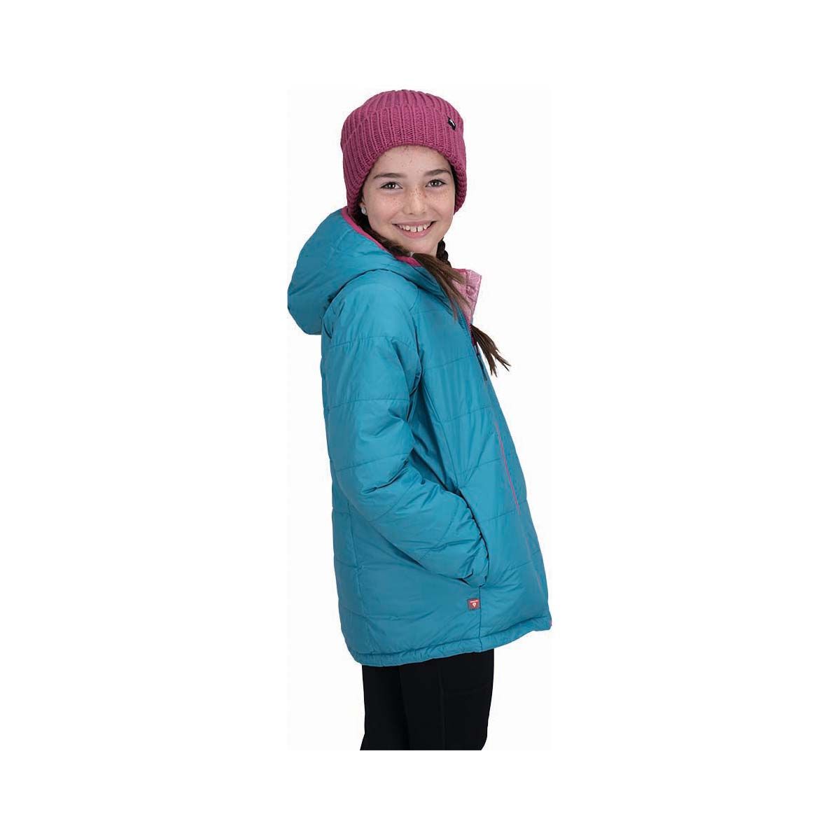 Macpac Kids&rsquo; Pulsar Alpha Hooded Insulated Jacket V3, Blue / Pink, bcf_hi-res