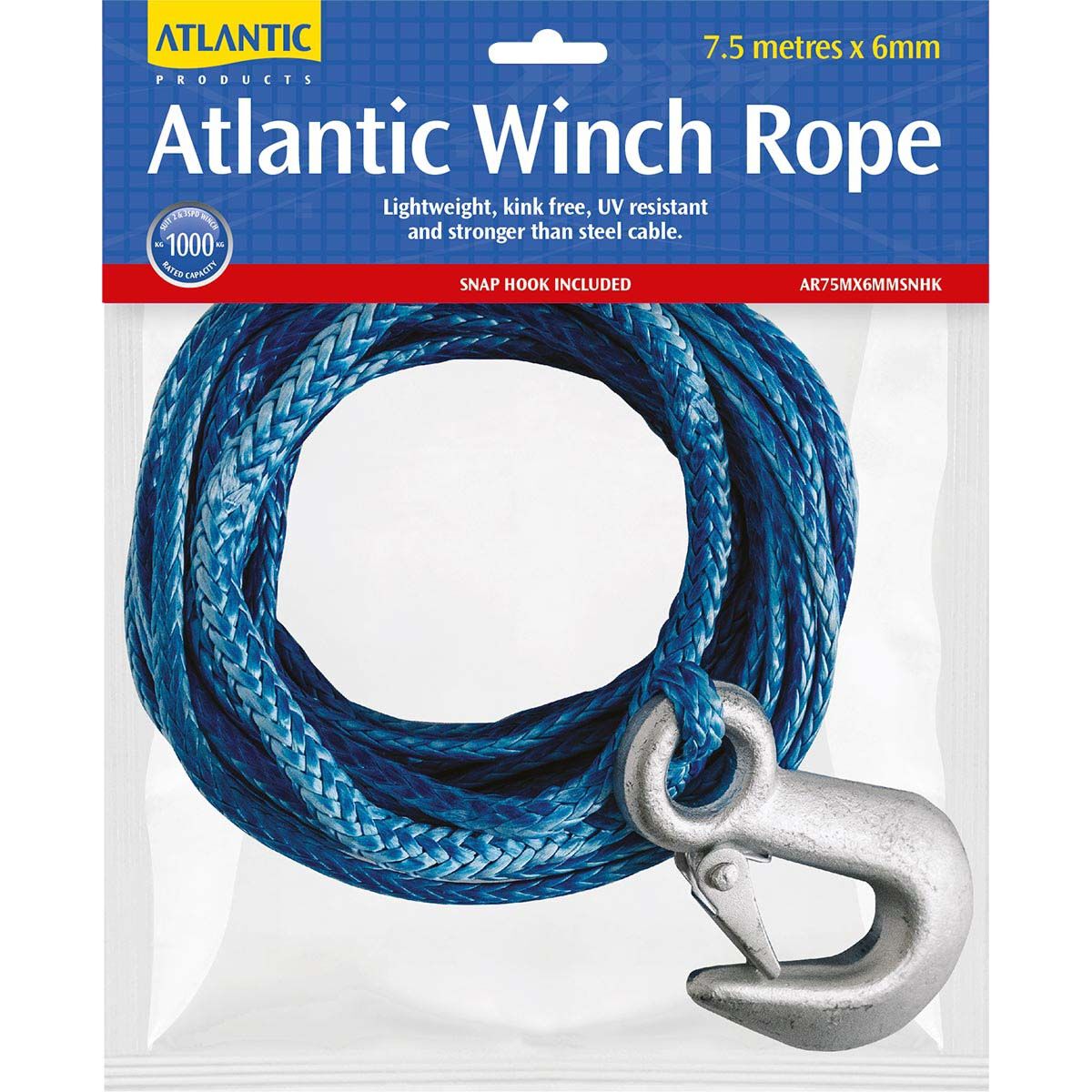 Atlantic Winch Rope 7.5mx6mm Snap Hook 1000kg, , bcf_hi-res