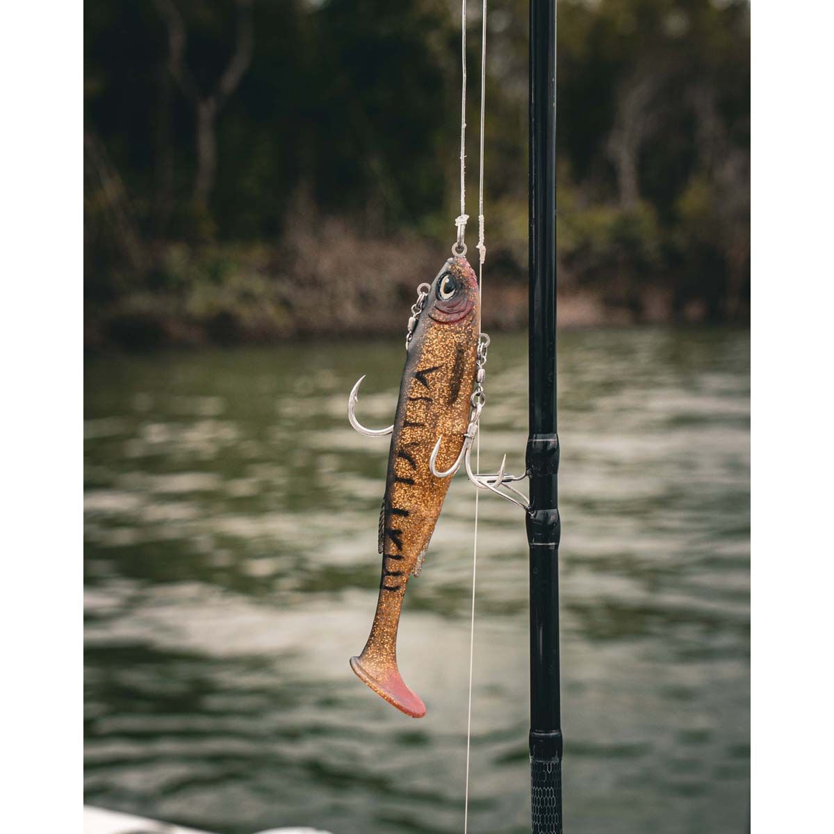 Nomad Live Ops Maniax Paddle Tail Pre-Rigged Soft Plastic Lure 8in Black and Gold, Black and Gold, bcf_hi-res