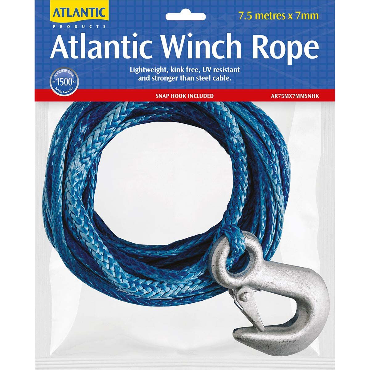 Atlantic Winch Rope 7.5mx7mm Snap Hook 1500kg, , bcf_hi-res