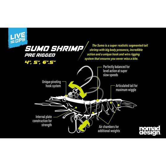 Nomad Live Ops Sumo Shrimp Pre-Rigged Soft Plastic Lure 6.5in Fire Tiger, Fire Tiger, bcf_hi-res