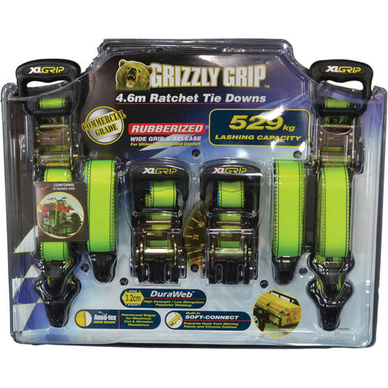 Gripwell Grizzly Grip Ratchet Tie Down 4.6m 529kg 4 Pack, , bcf_hi-res
