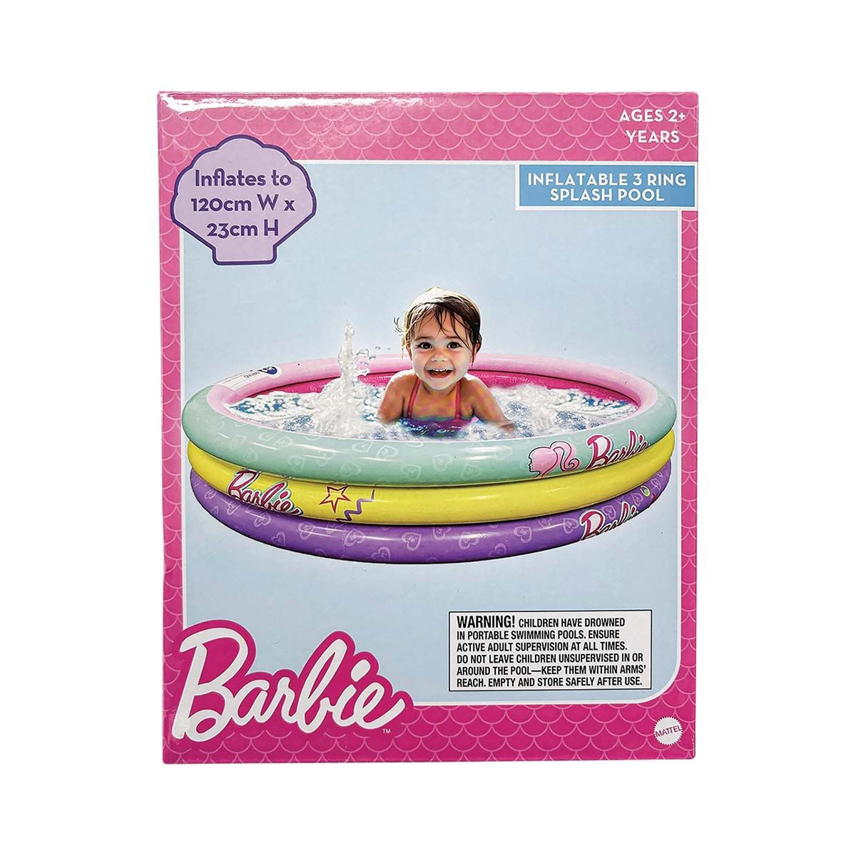 Barbie 3 ring 1.2m inflatable splash pool, , bcf_hi-res