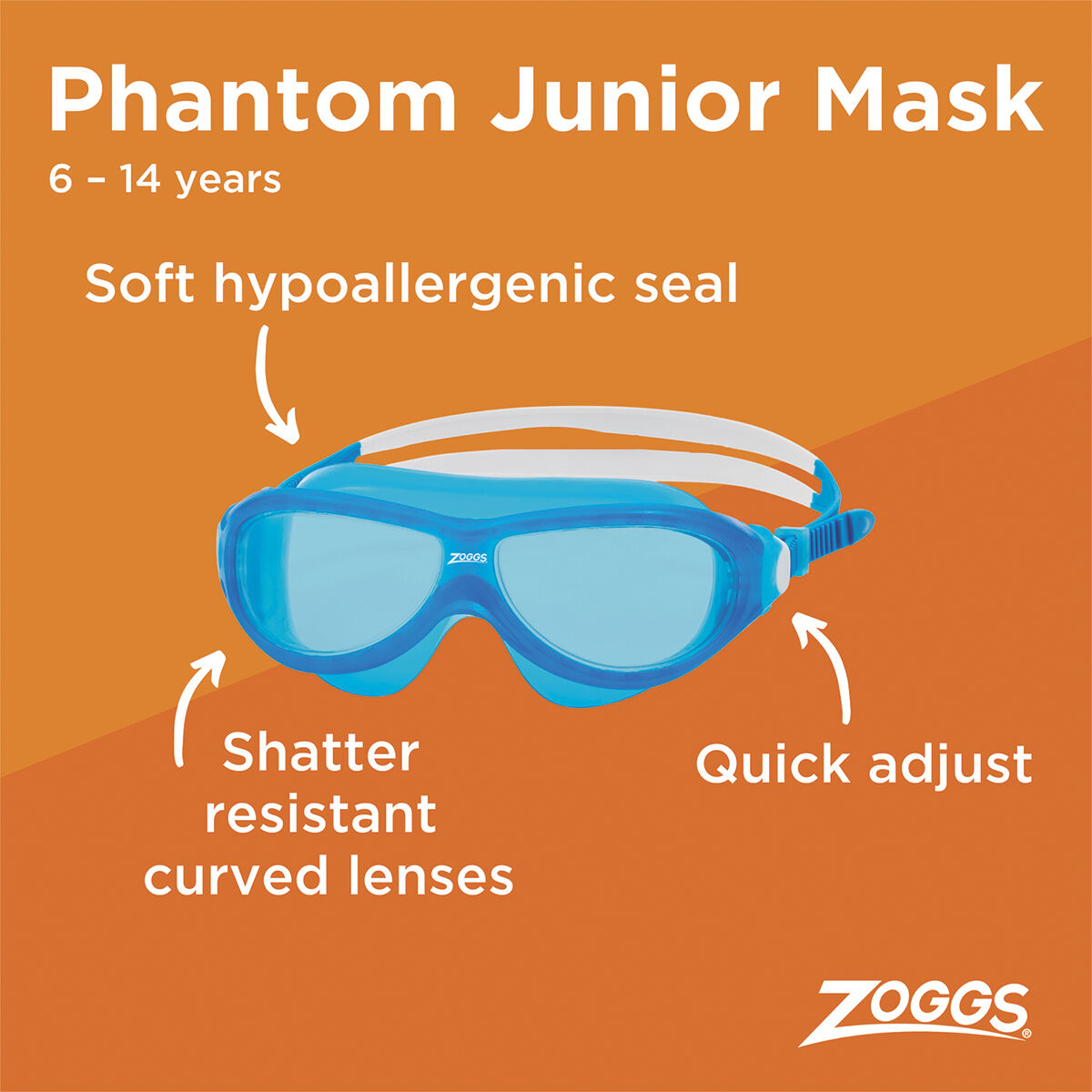 Zoggs Phantom Swimming Goggles Mask 6+ Years, Blue, bcf_hi-res