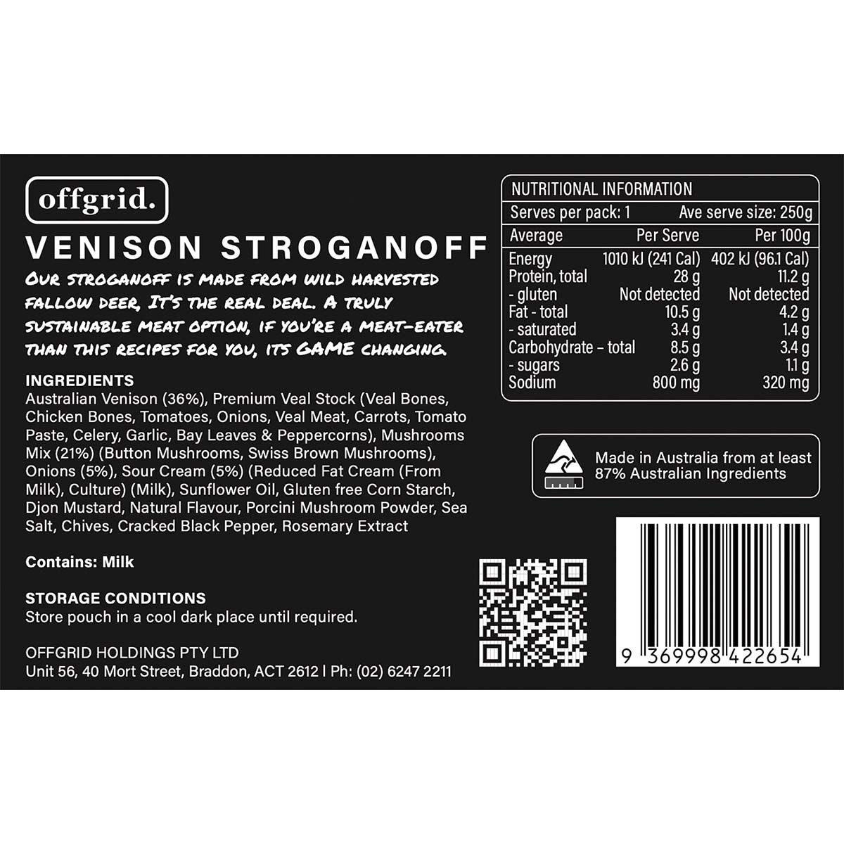 Offgrid Venison Stroganoff Heat and Eat Meal 250g, , bcf_hi-res