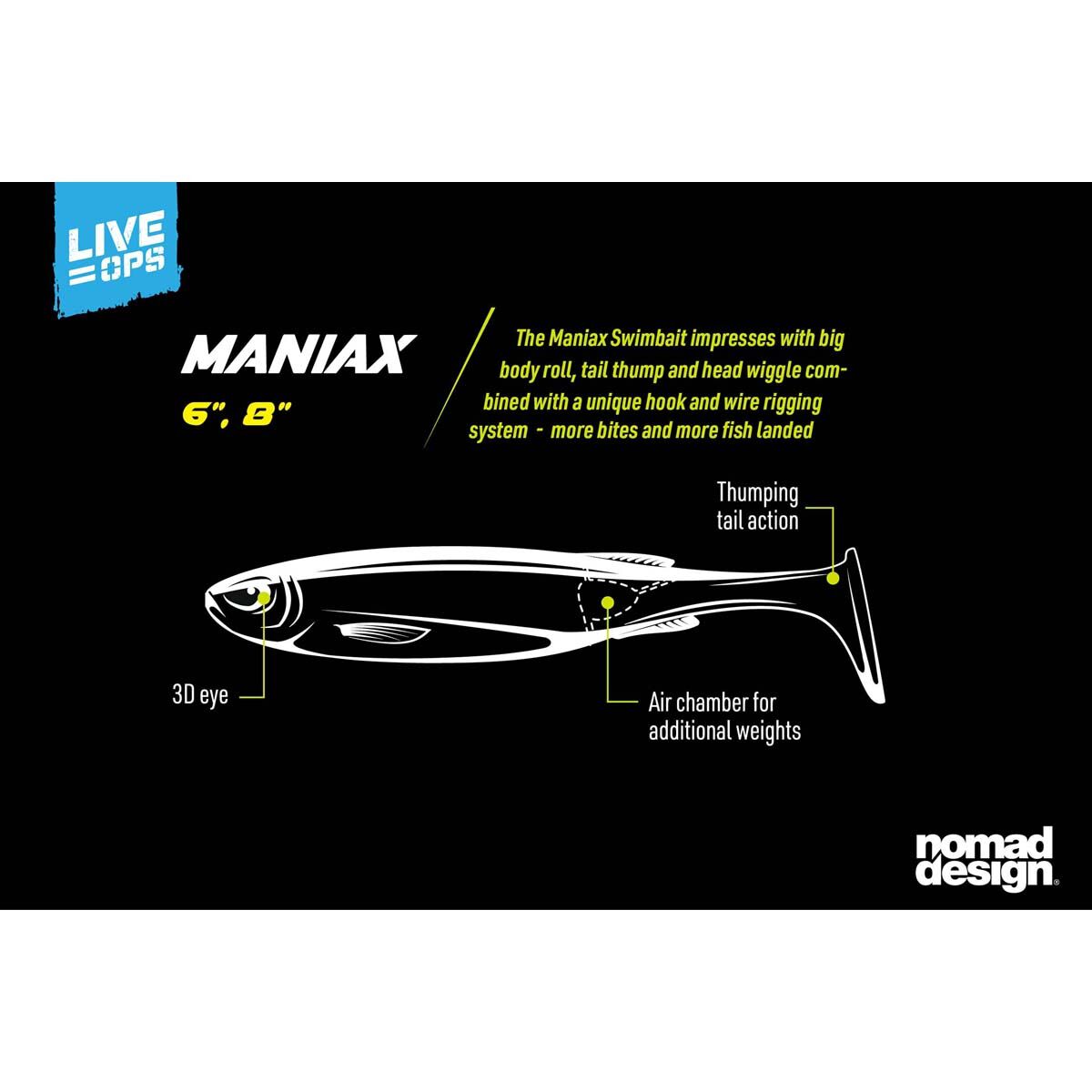 Nomad Live Ops Maniax Paddle Tail Unrigged Soft Plastic Lure 6in Pearl Shimmer, Pearl Shimmer, bcf_hi-res